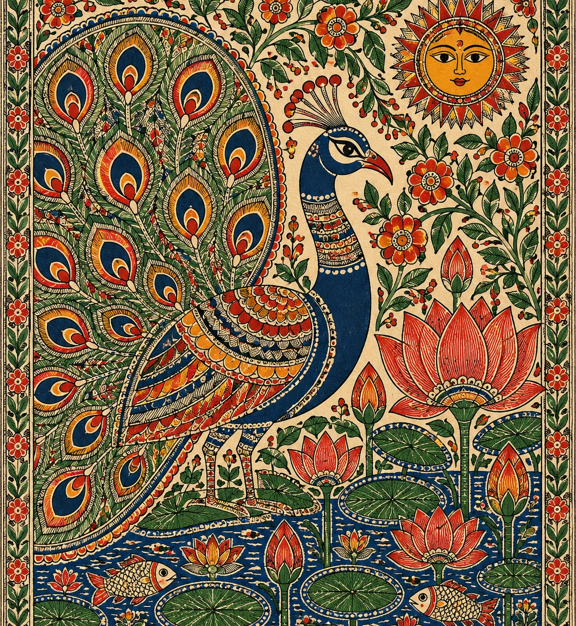 Original Madhubani-style folk artwork showing a peacock, lotus pond and decorative patterns